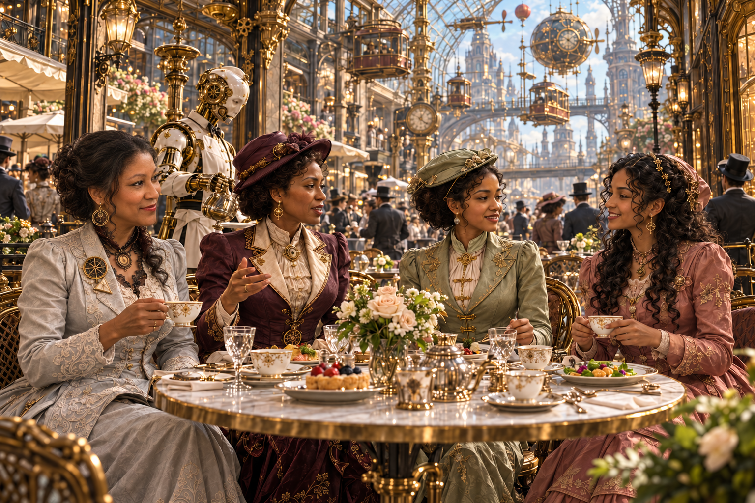 Odessa, at far left in silver, shares lunch with Orion, Leora, and Radhika on Halig’s glass-roofed promenade, with a mechanical waiter nearby.