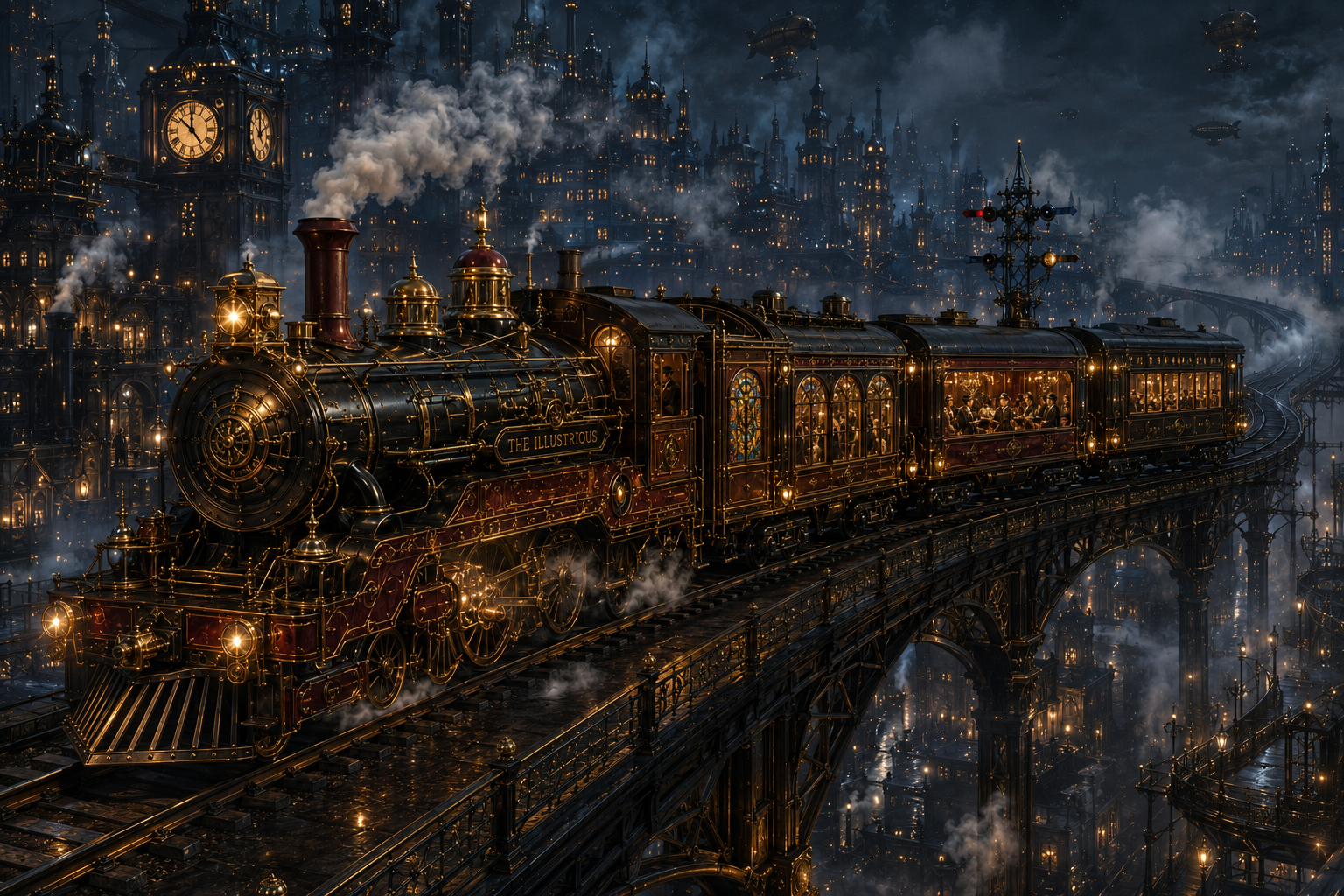 The ornate brass locomotive The Illustrious crosses an elevated railway through Halig at night, surrounded by clock towers, steam, and glowing windows.